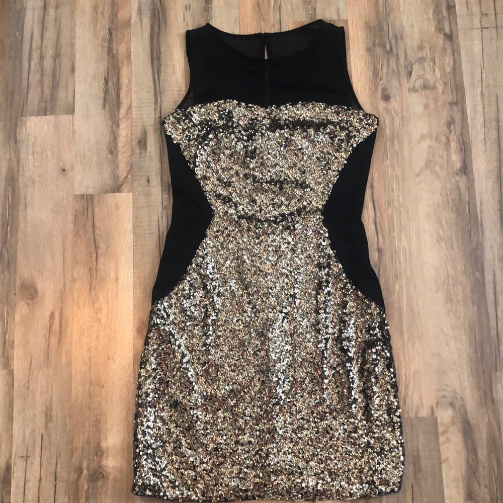 Aqua gold sequin and black tight dress